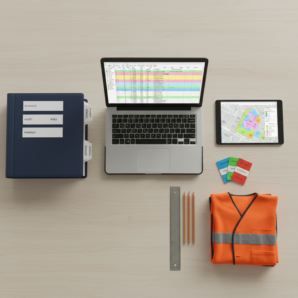 An overhead view of a tidy construction command center table covered with neatly arranged tools of operations management: a ruggedized laptop displaying a detailed Gantt chart, a thick project binder with labeled dividers, a tablet showing a site logistics map, and a stack of color-coded scheduling cards. The tabletop is a light, matte wood surface with a few sharpened pencils, a metal ruler, and a high-visibility safety vest folded at the edge. Diffused, neutral daylight from above creates soft, non-dramatic shadows, emphasizing order and clarity. Photographic realism with a professional, methodical atmosphere, composed in a balanced flat-lay style, sharp focus throughout, ideal for illustrating organized planning and control in construction operations.